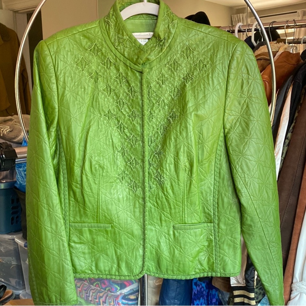 PETER NYGARD Leather Green Embroidered Jacket Size 14